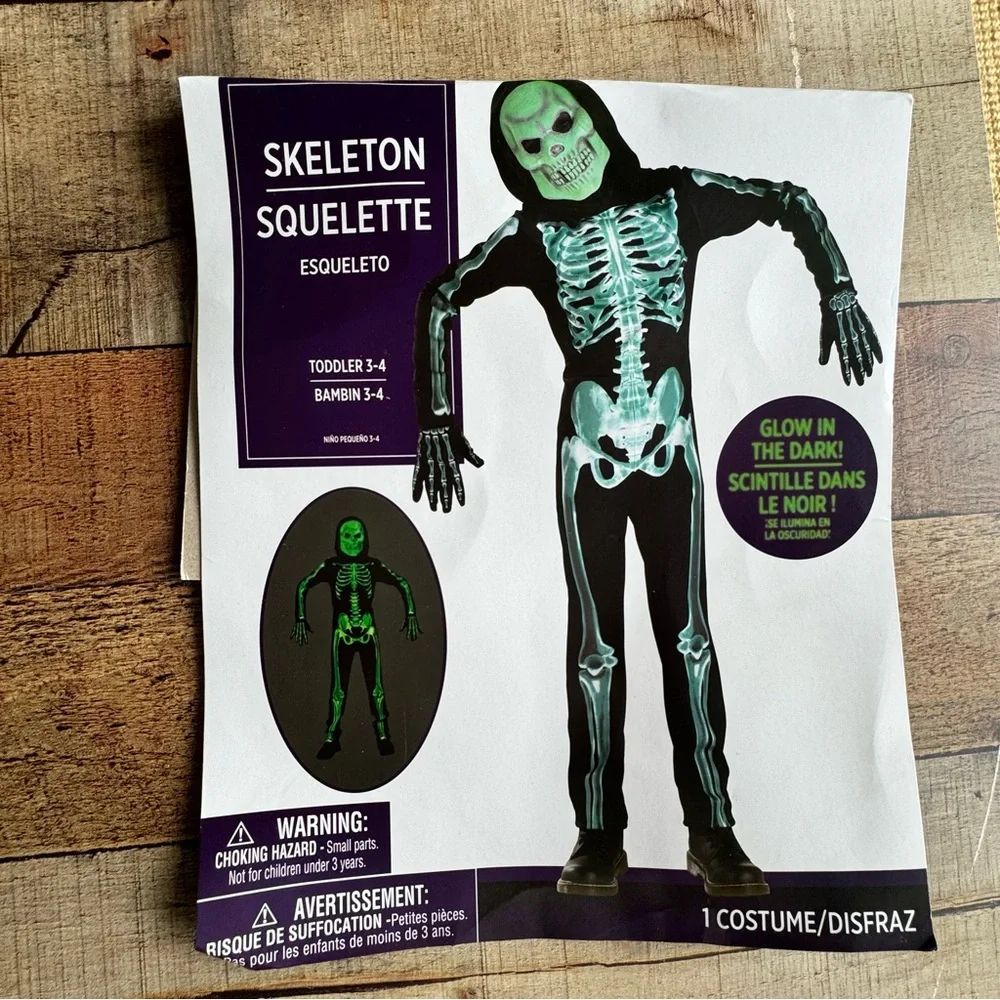 Glow-in-the-Dark Skeleton Costume for Toddles Size 3-4 NEW Unowrn